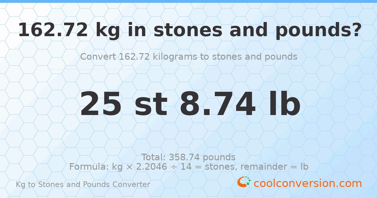 162.72 kg to stones and pounds — 162.72 kg = 25 st 8.74 lb