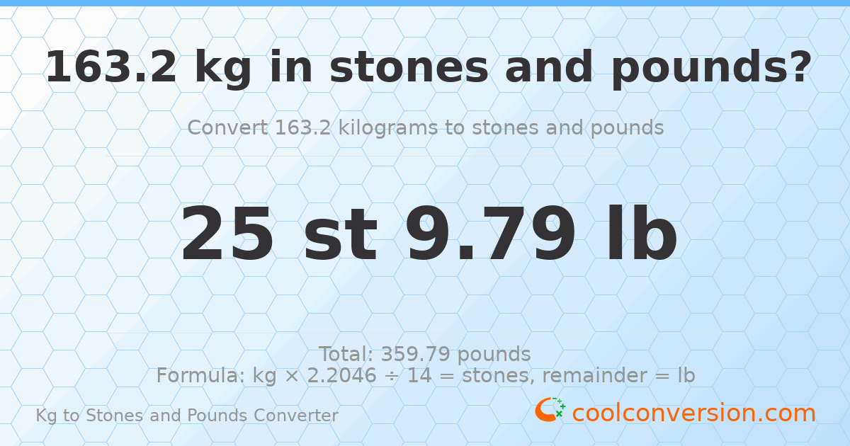 163.20 kg to stones and pounds — 163.20 kg = 25 st 9.79 lb