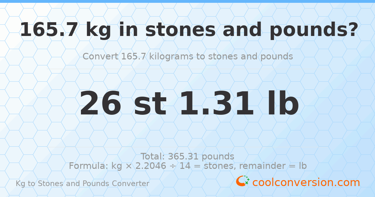165.70 kg to stones and pounds — 165.70 kg = 26 st 1.31 lb