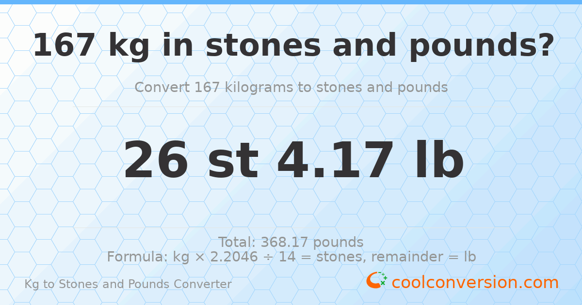 167 kg to stones and pounds — 167 kg = 26 st 4.17 lb