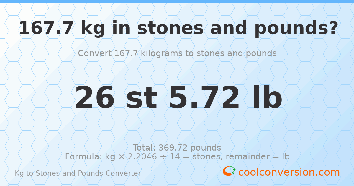 167.70 kg to stones and pounds — 167.70 kg = 26 st 5.72 lb