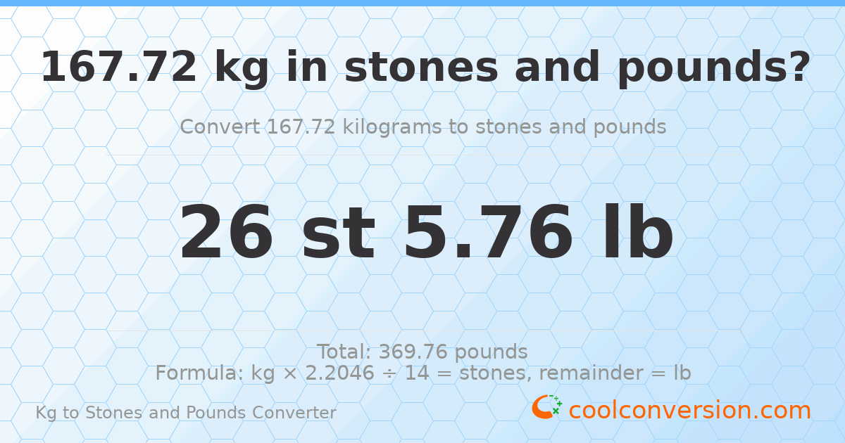 167.72 kg to stones and pounds — 167.72 kg = 26 st 5.76 lb
