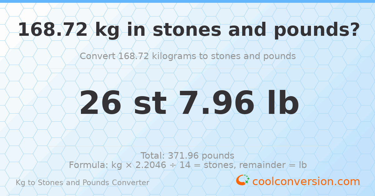 168.72 kg to stones and pounds — 168.72 kg = 26 st 7.96 lb