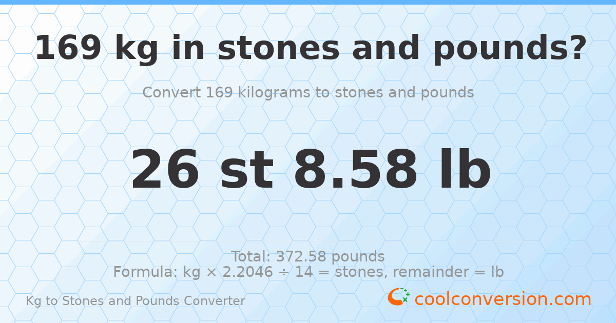 169 kg to stones and pounds — 169 kg = 26 st 8.58 lb