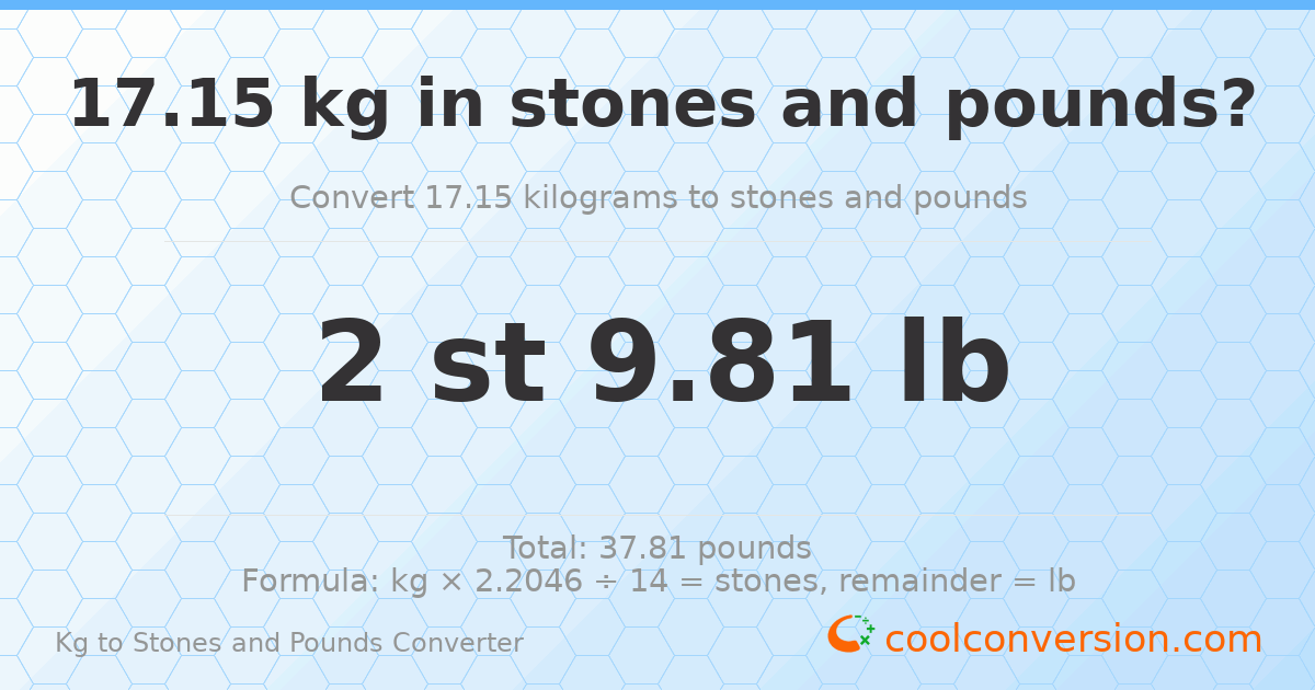 17.15 kg to stones and pounds — 17.15 kg = 2 st 9.81 lb