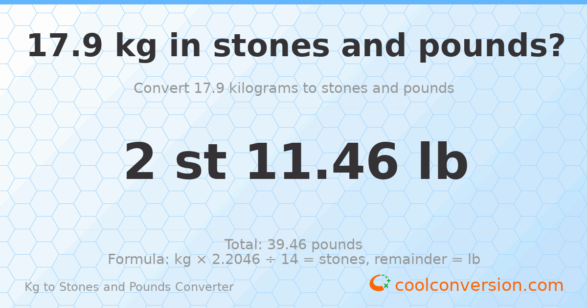 17.9 kg to stones and pounds — 17.9 kg = 2 st 11.46 lb