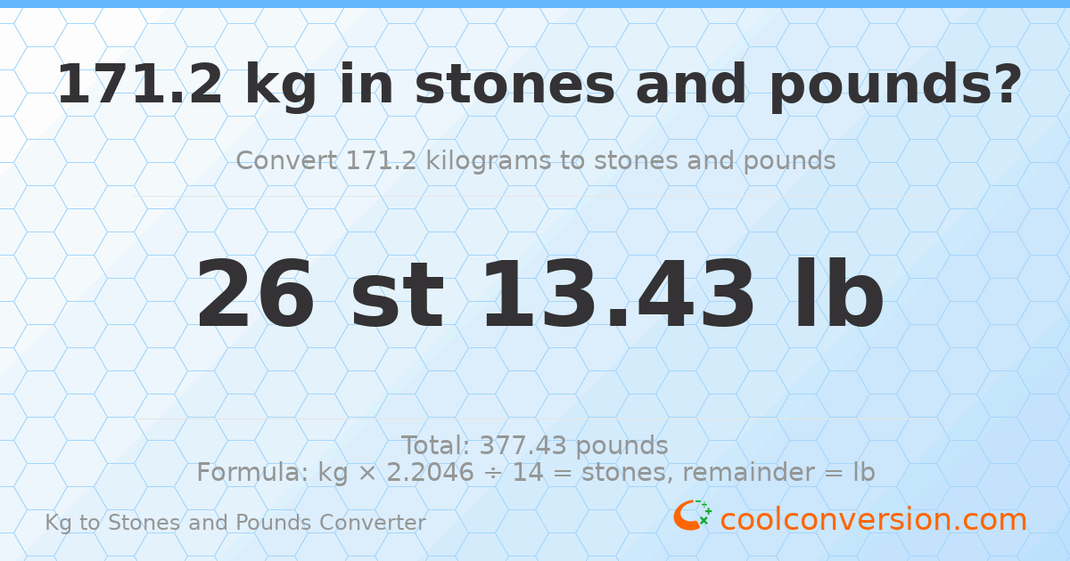 171.20 kg to stones and pounds — 171.20 kg = 26 st 13.43 lb