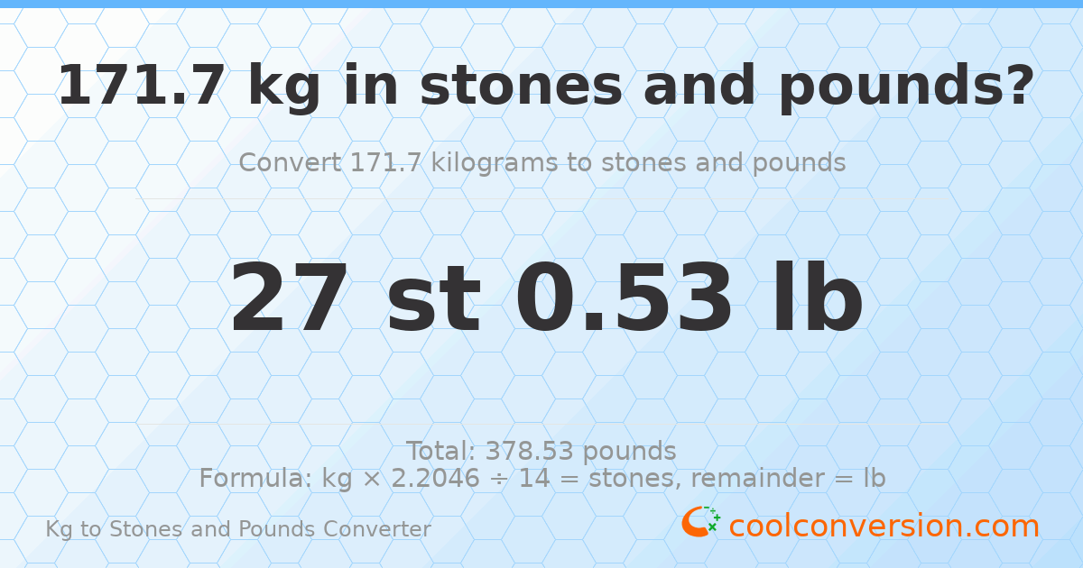 171.70 kg to stones and pounds — 171.70 kg = 27 st 0.53 lb
