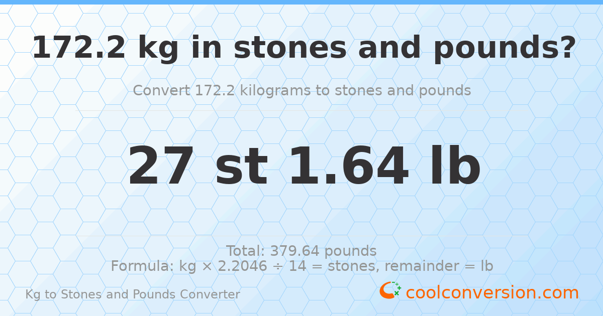 172.20 kg to stones and pounds — 172.20 kg = 27 st 1.64 lb