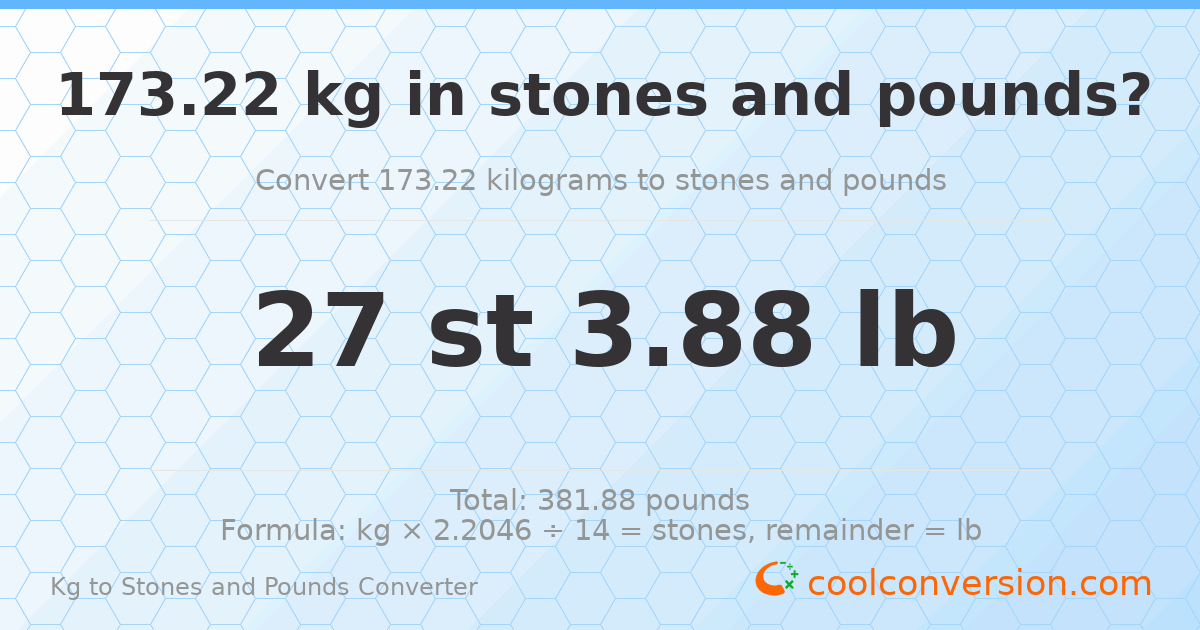 173.22 kg to stones and pounds — 173.22 kg = 27 st 3.88 lb
