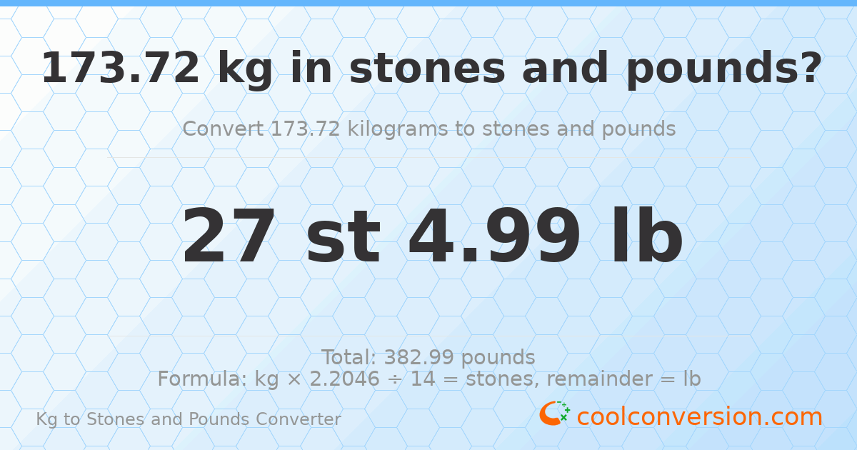 173.72 kg to stones and pounds — 173.72 kg = 27 st 4.99 lb