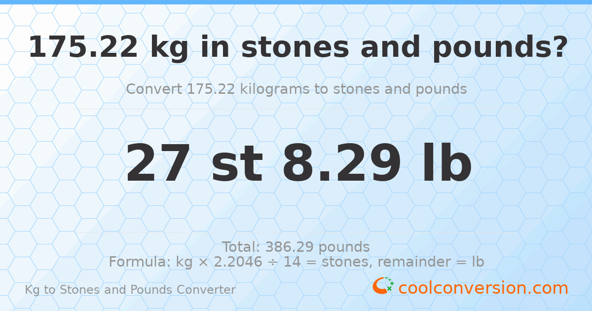 175.22 kg to stones and pounds — 175.22 kg = 27 st 8.29 lb