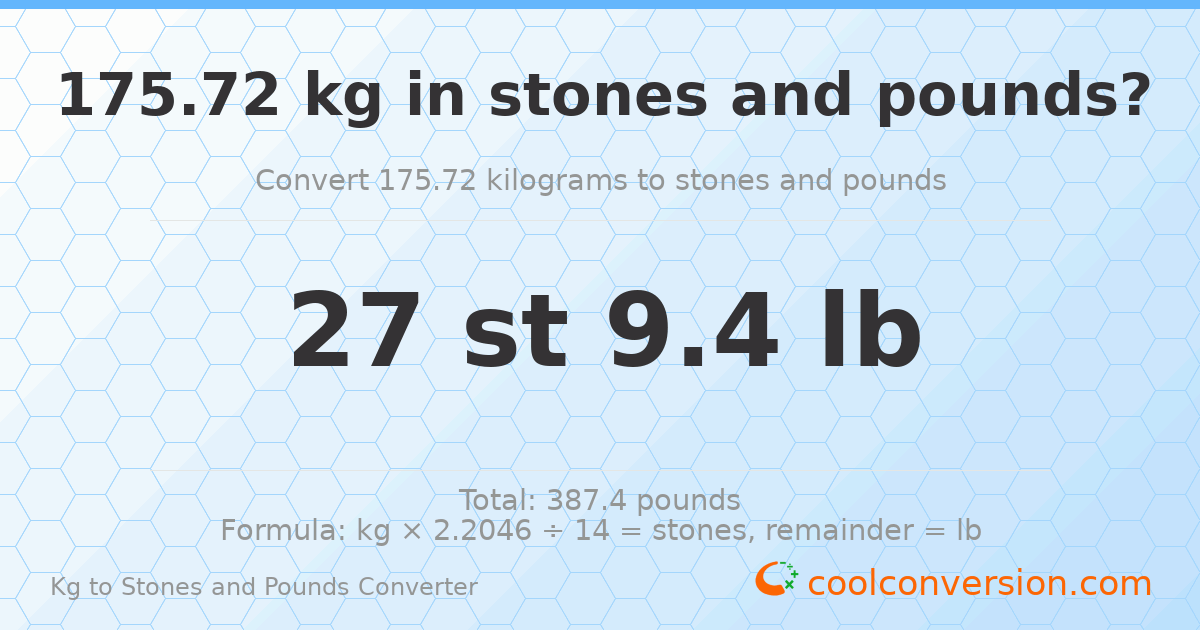 175.72 kg to stones and pounds — 175.72 kg = 27 st 9.40 lb