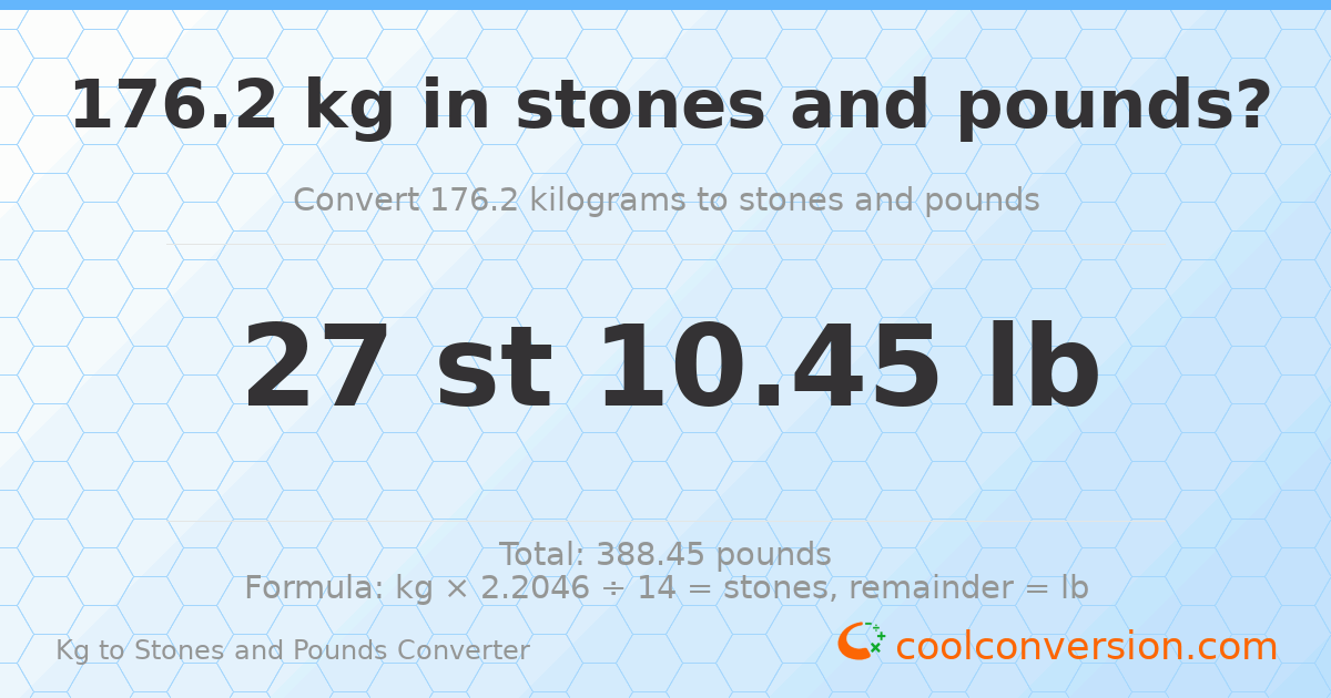176.2 kg to stones and pounds — 176.2 kg = 27 st 10.45 lb