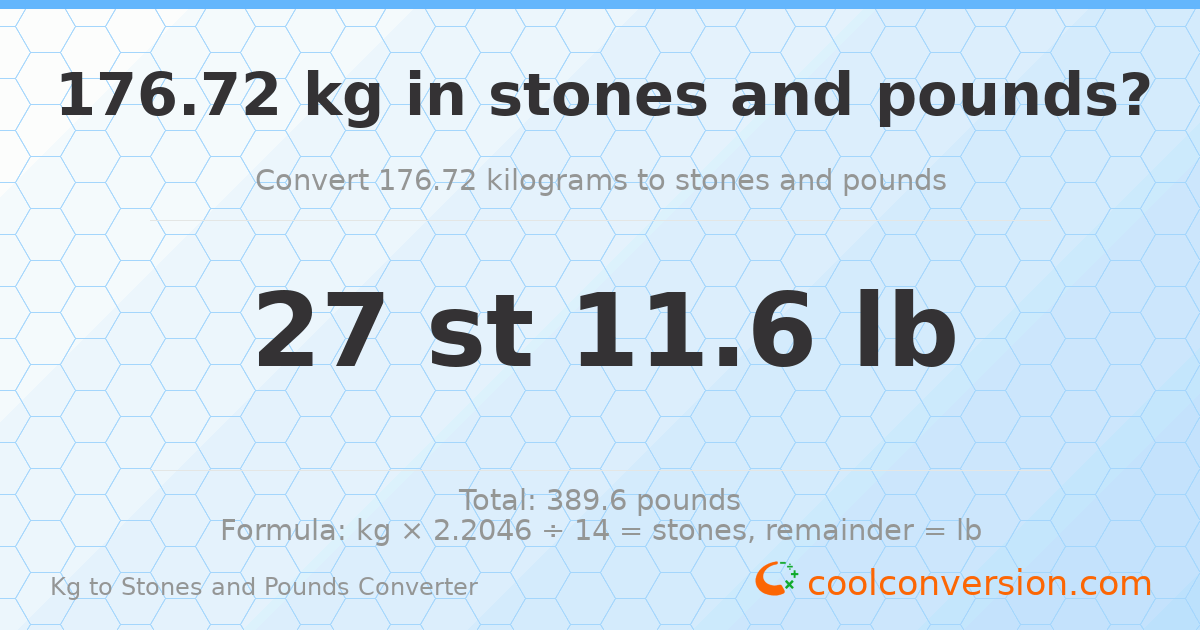 176.72 kg to stones and pounds — 176.72 kg = 27 st 11.60 lb