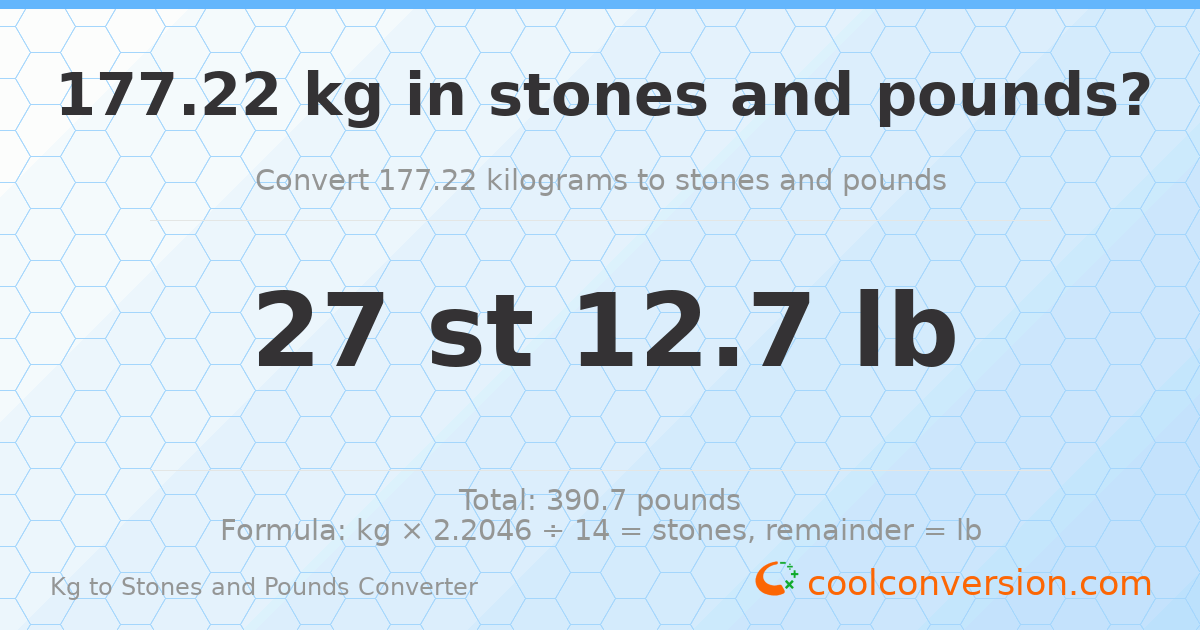 177.22 kg to stones and pounds — 177.22 kg = 27 st 12.70 lb