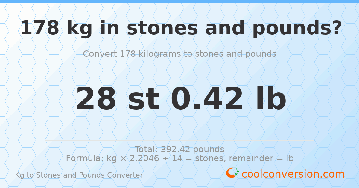 178 kg to stones and pounds — 178 kg = 28 st 0.42 lb
