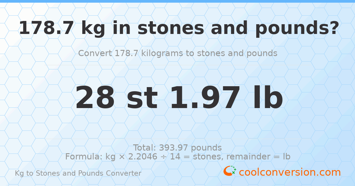 178.7 kg to stones and pounds — 178.7 kg = 28 st 1.97 lb