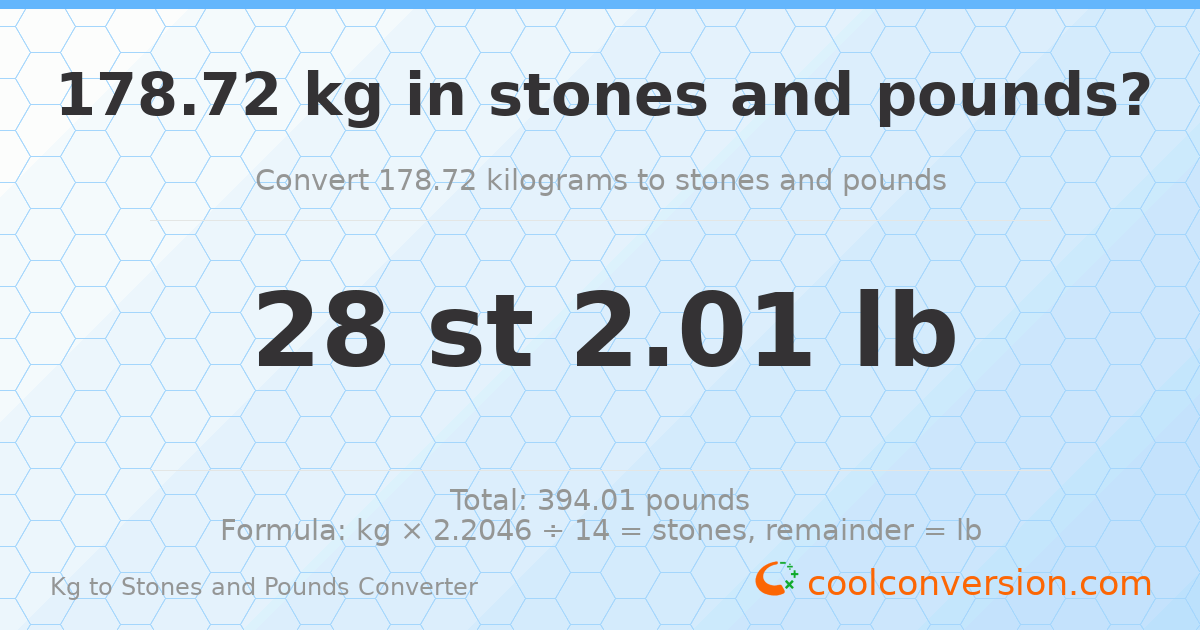 178.72 kg to stones and pounds — 178.72 kg = 28 st 2.01 lb