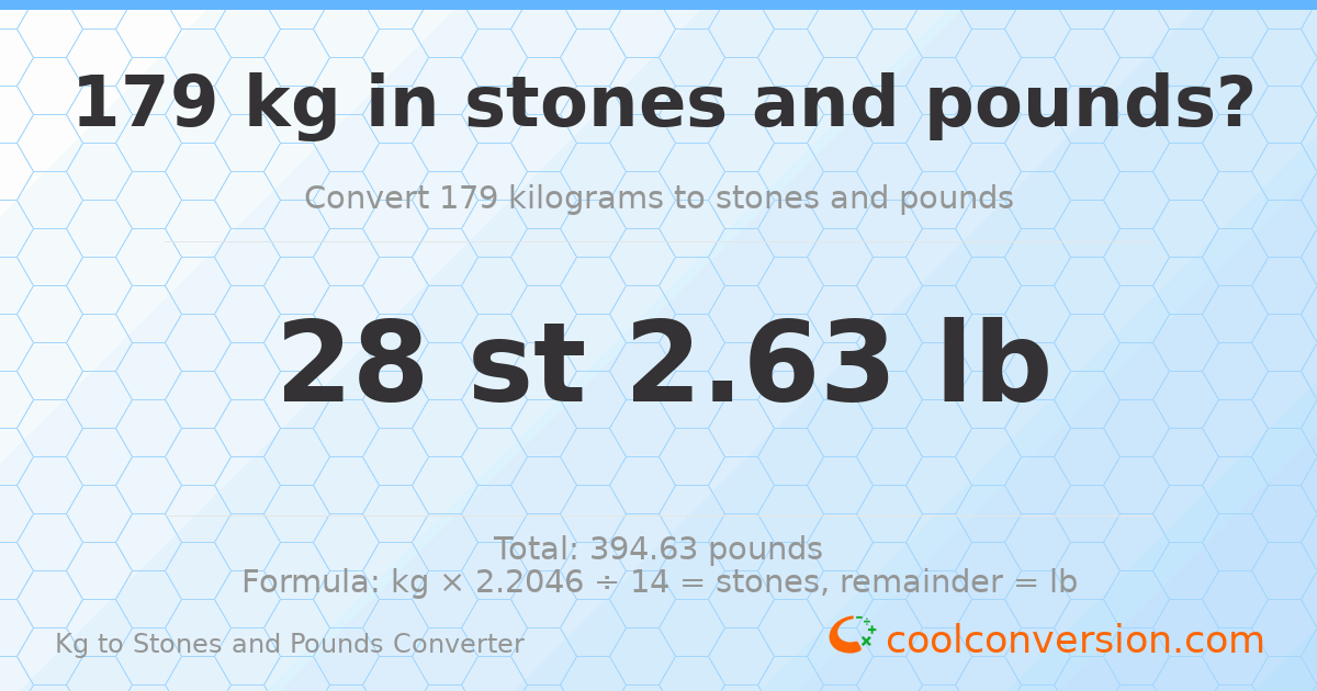 179 kg to stones and pounds — 179 kg = 28 st 2.63 lb