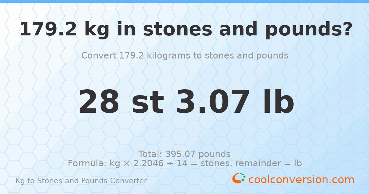 179.2 kg to stones and pounds — 179.2 kg = 28 st 3.07 lb