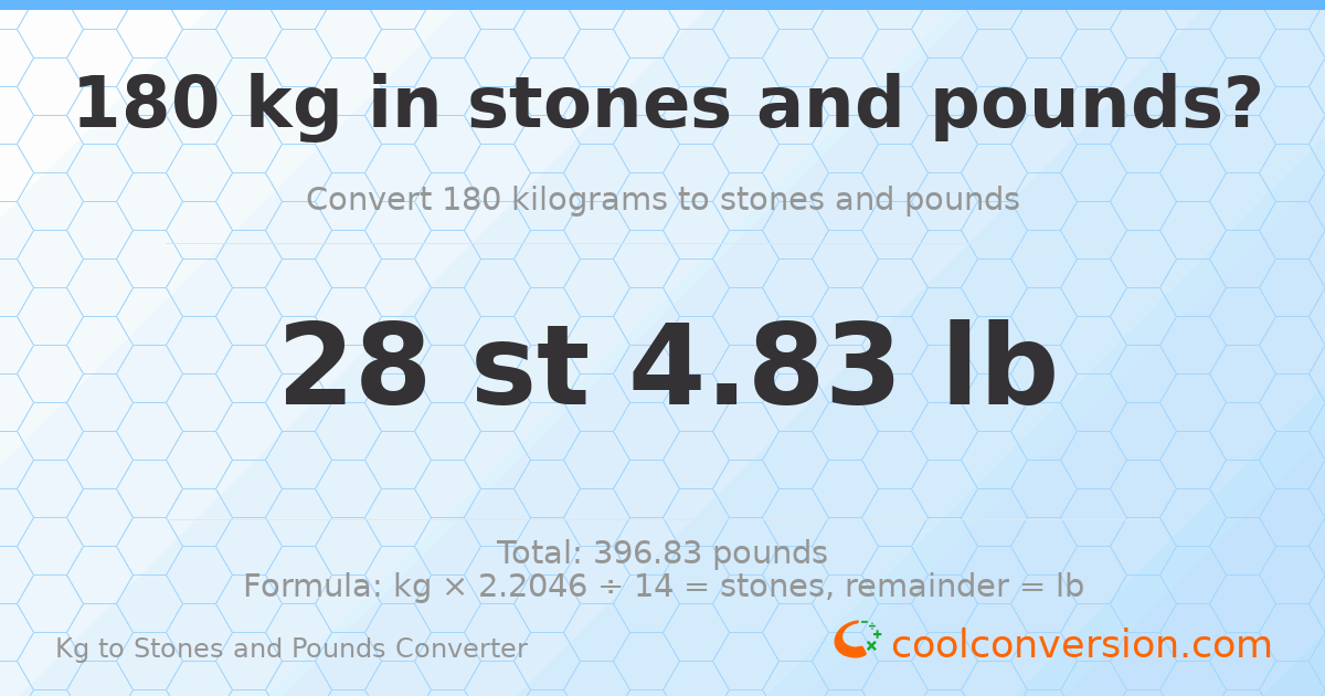 180 kg to stones and pounds — 180 kg = 28 st 4.83 lb