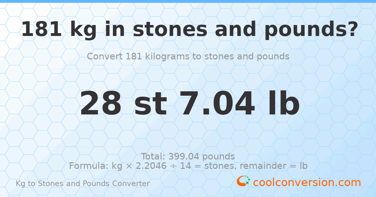 181 kg to stones and pounds — 181 kg = 28 st 7.04 lb