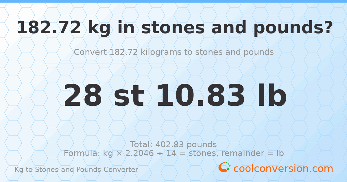 182.72 kg to stones and pounds — 182.72 kg = 28 st 10.83 lb