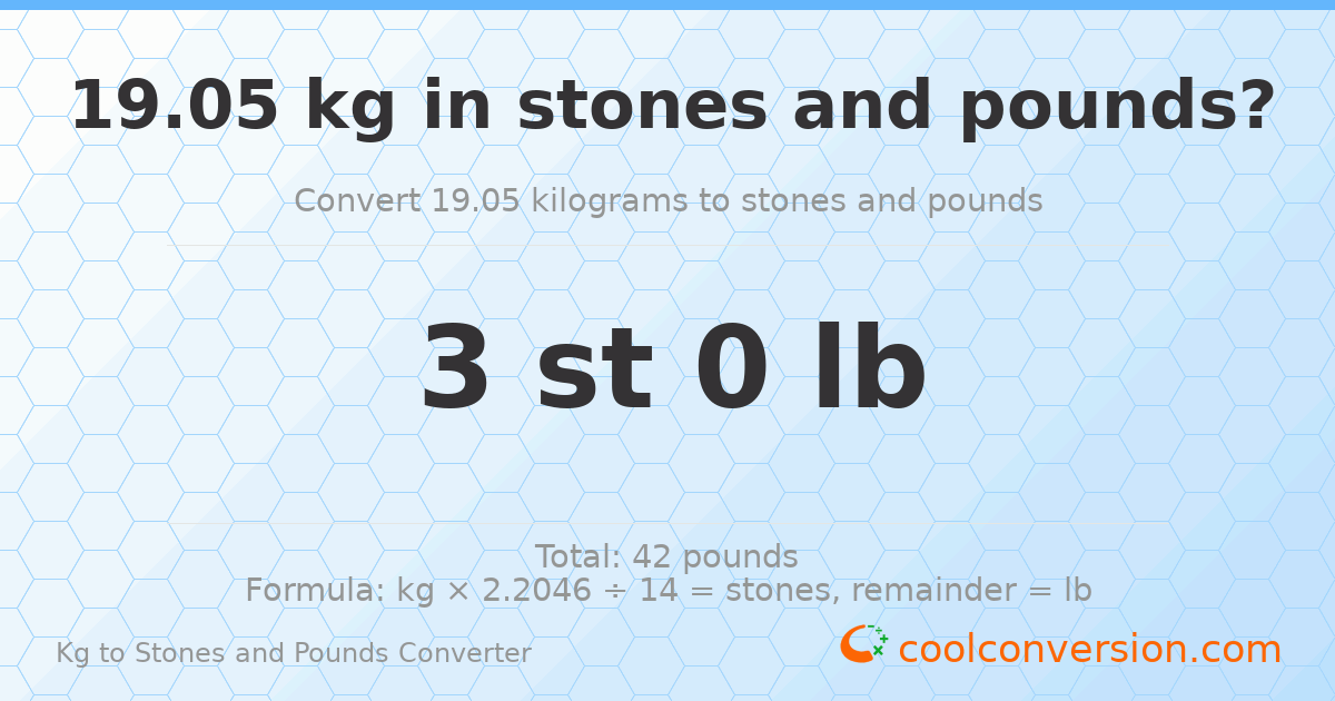 19.05 kg to stones and pounds — 19.05 kg = 3 st 0.00 lb