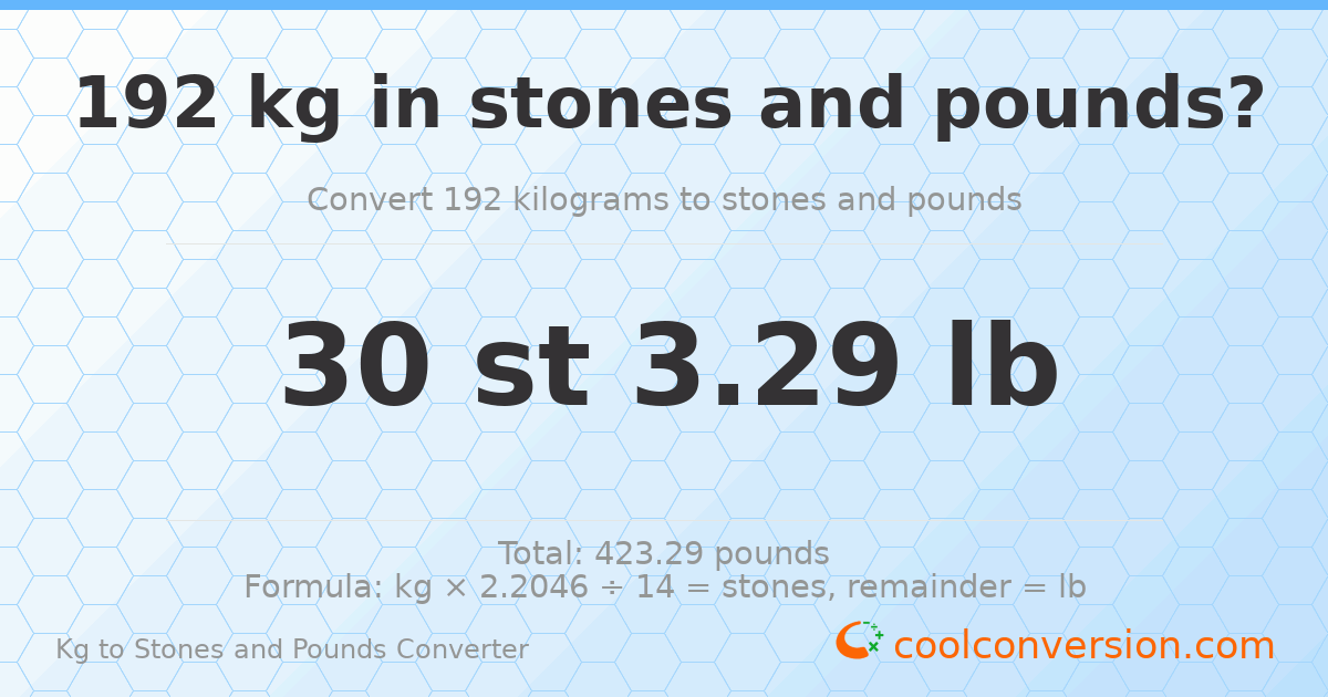 192 kg to stones and pounds — 192 kg = 30 st 3.29 lb
