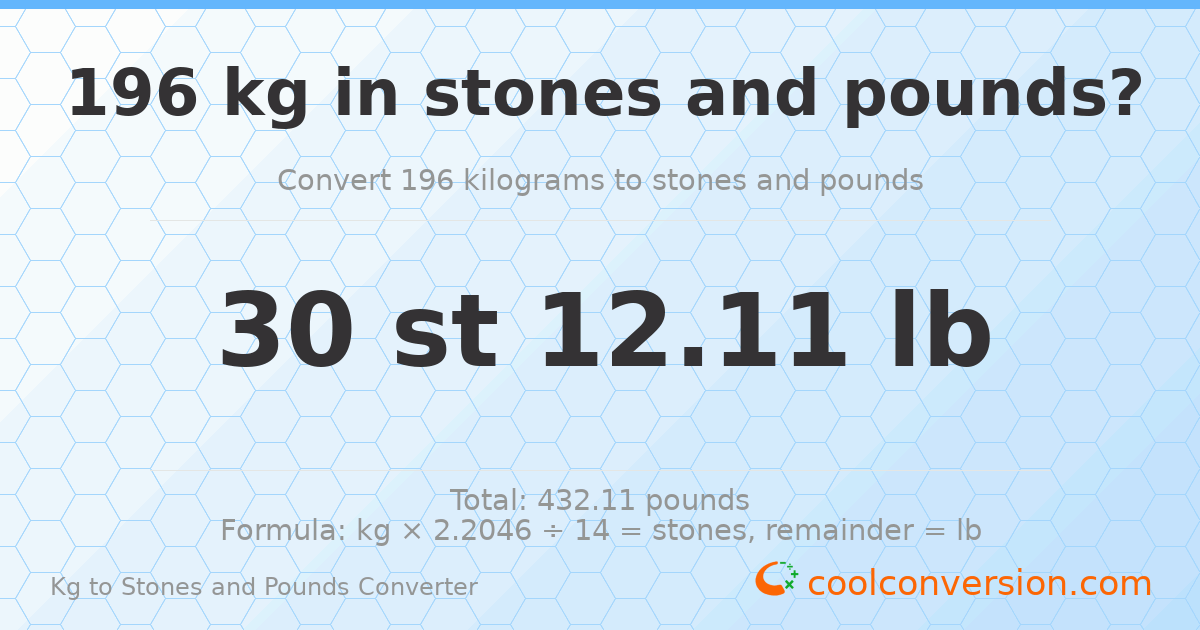196 kg to stones and pounds — 196 kg = 30 st 12.11 lb