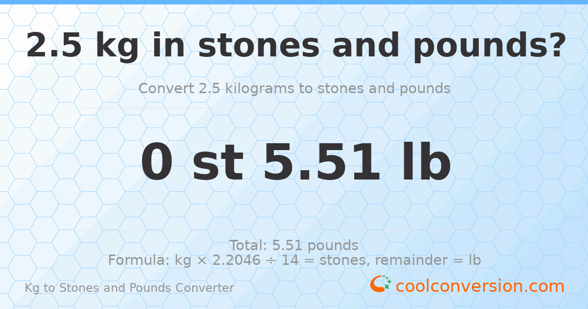 2.50 kg to stones and pounds — 2.50 kg = 0 st 5.51 lb