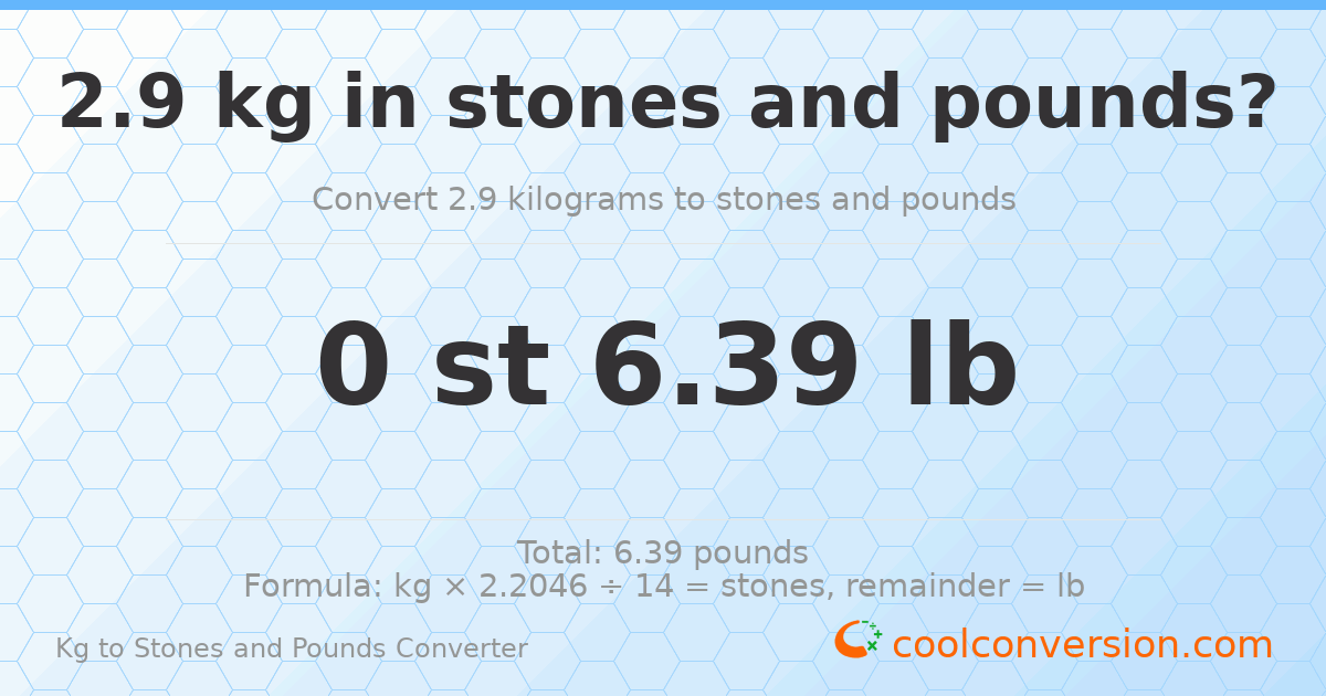 2.9 kg to stones and pounds — 2.9 kg = 0 st 6.39 lb