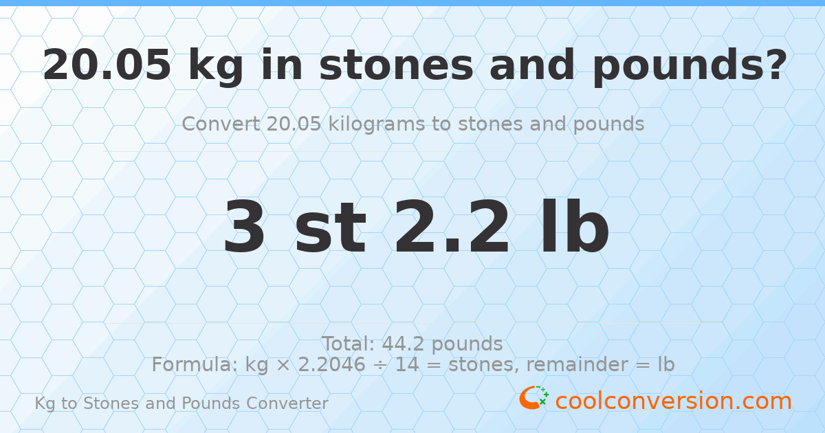 20.05 kg to stones and pounds — 20.05 kg = 3 st 2.20 lb