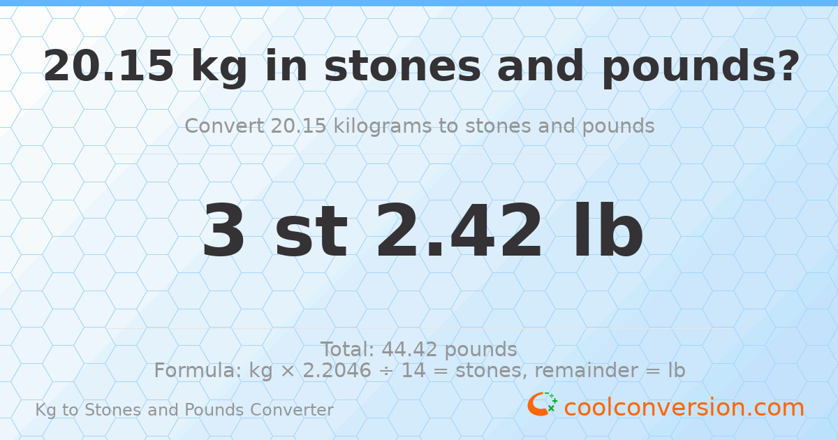 20.15 kg to stones and pounds — 20.15 kg = 3 st 2.42 lb