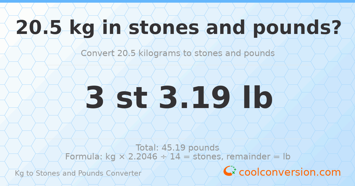 20.50 kg to stones and pounds — 20.50 kg = 3 st 3.19 lb