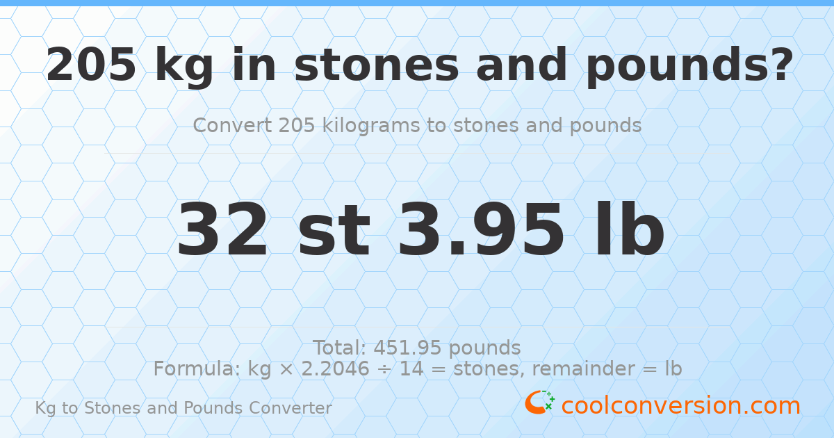 205 kg to stones and pounds — 205 kg = 32 st 3.95 lb