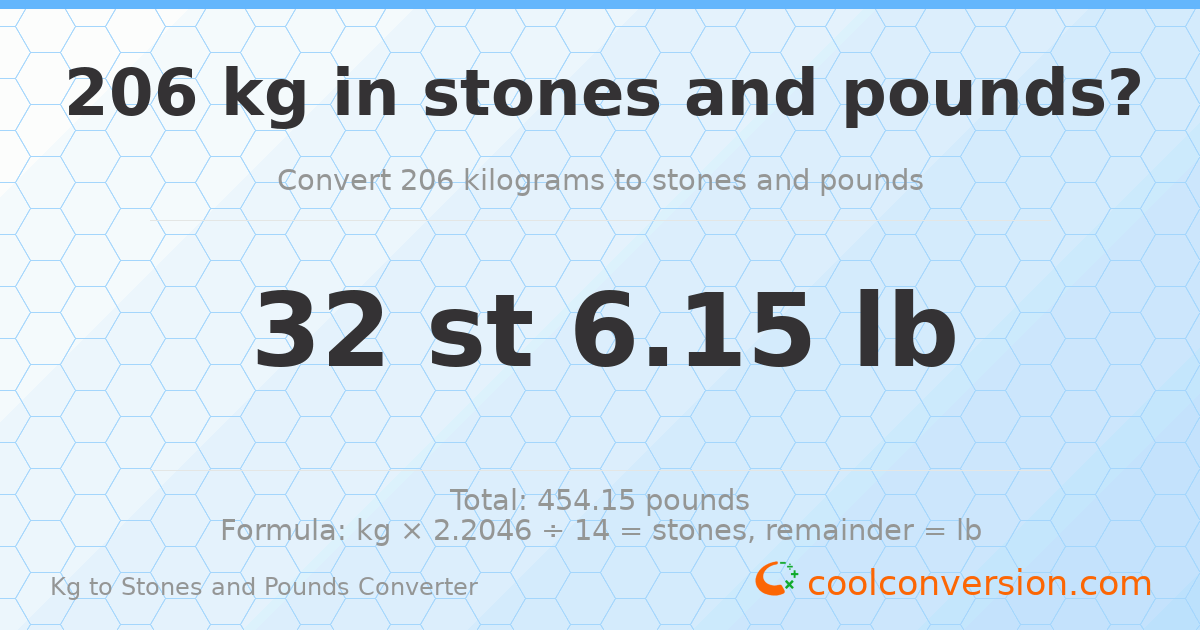 206 kg to stones and pounds — 206 kg = 32 st 6.15 lb