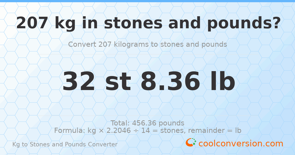 207 kg to stones and pounds — 207 kg = 32 st 8.36 lb
