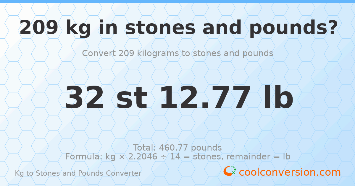 209 kg to stones and pounds — 209 kg = 32 st 12.77 lb