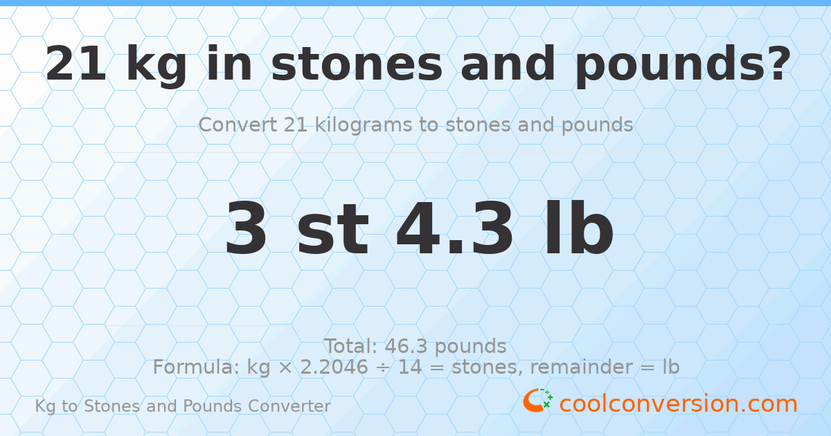 21 kg to stones and pounds — 21 kg = 3 st 4.30 lb