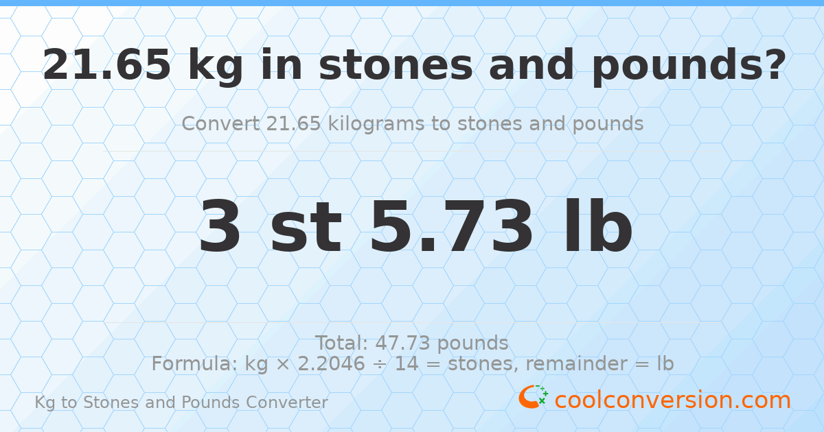 21.65 kg to stones and pounds — 21.65 kg = 3 st 5.73 lb
