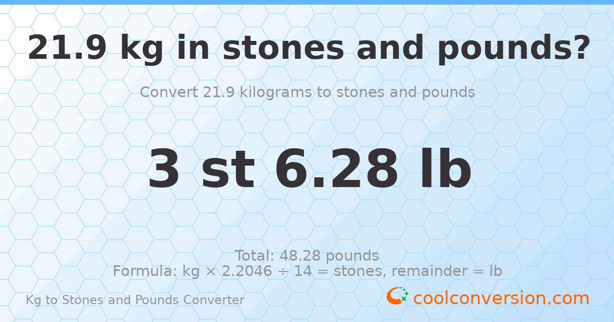21.9 kg to stones and pounds — 21.9 kg = 3 st 6.28 lb
