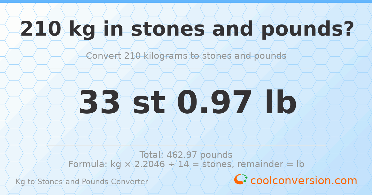 210 kg to stones and pounds — 210 kg = 33 st 0.97 lb