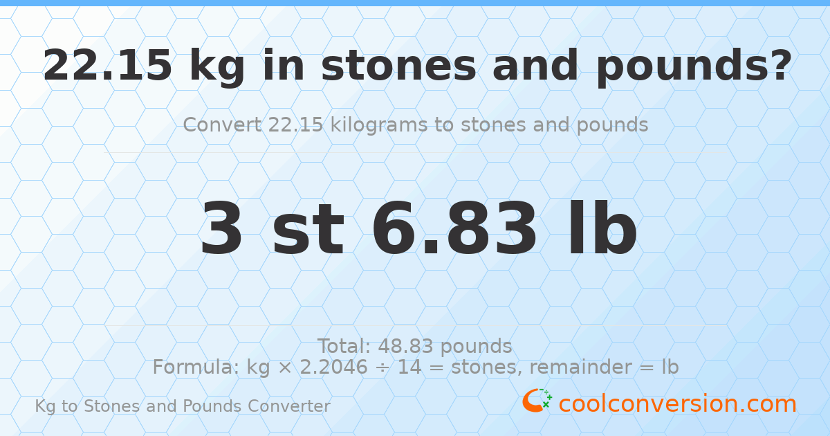 22.15 kg to stones and pounds — 22.15 kg = 3 st 6.83 lb