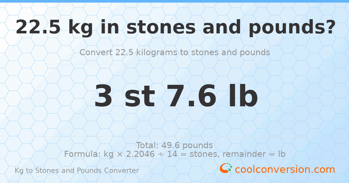 22.5 kg to stones and pounds — 22.5 kg = 3 st 7.60 lb