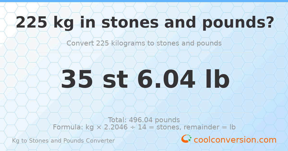 225 kg to stones and pounds — 225 kg = 35 st 6.04 lb