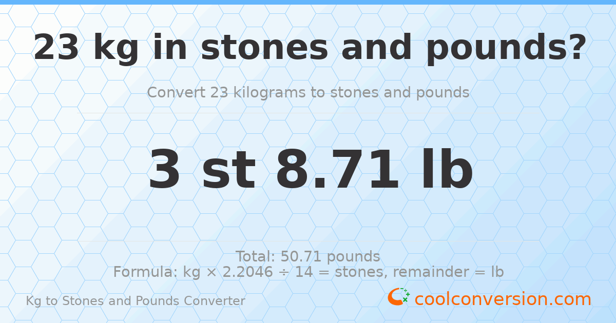 23 kg to stones and pounds — 23 kg = 3 st 8.71 lb