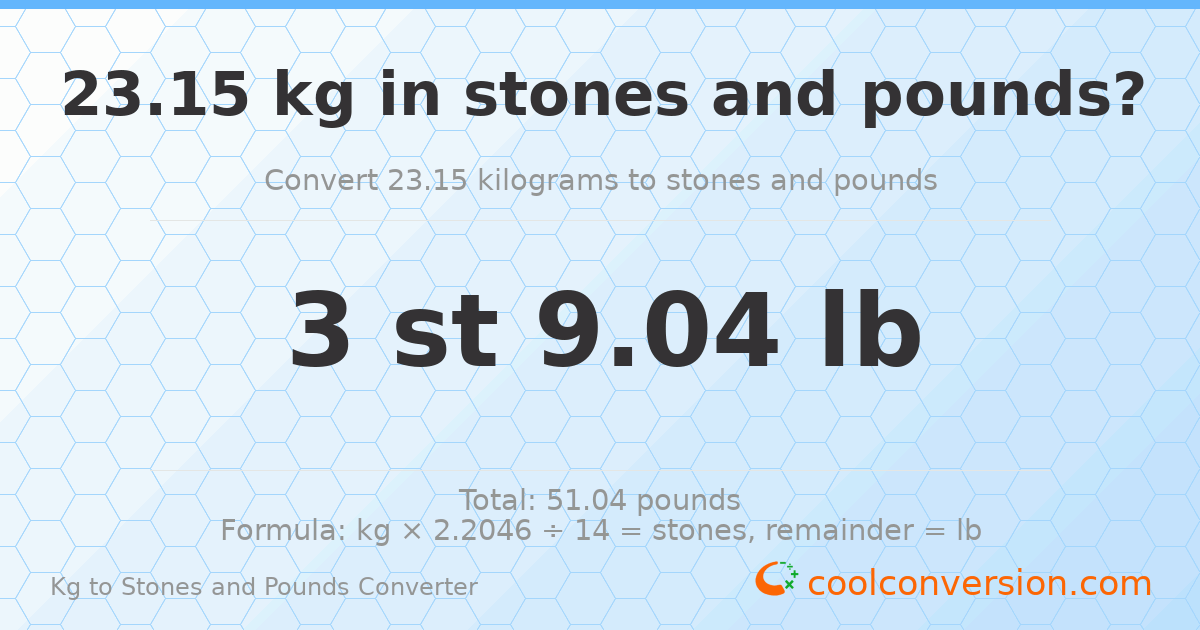 23.15 kg to stones and pounds — 23.15 kg = 3 st 9.04 lb