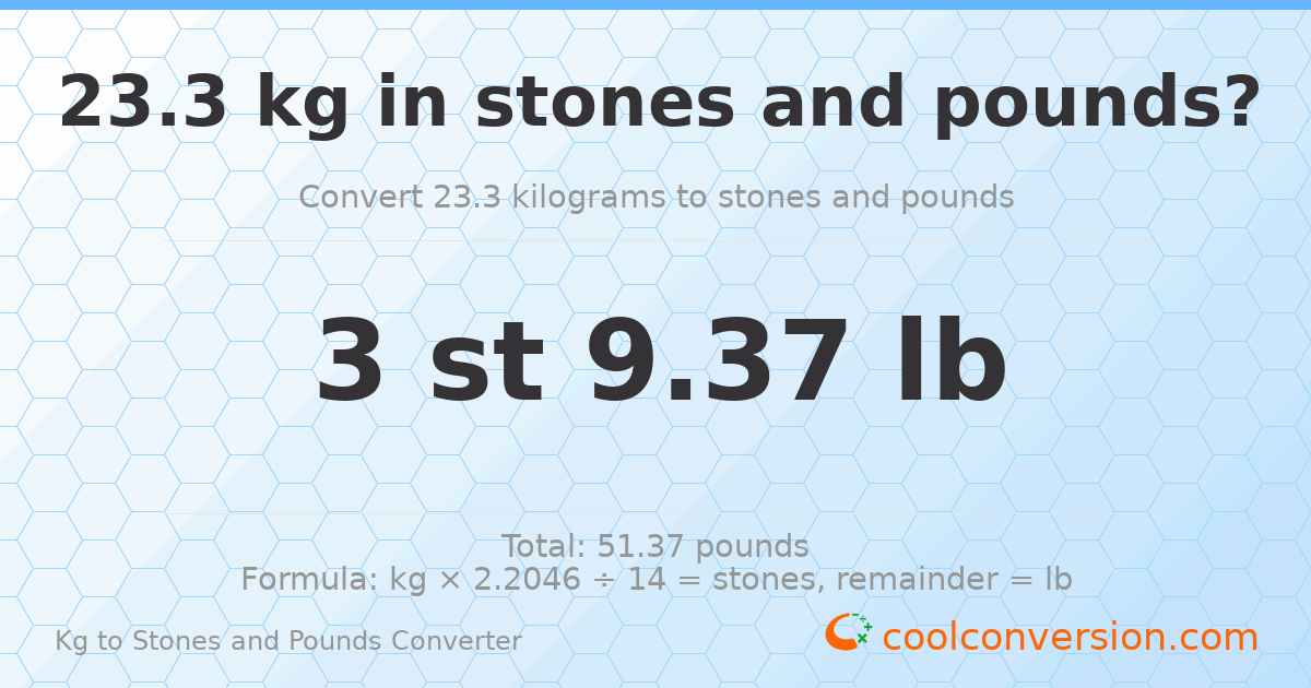 23.3 kg to stones and pounds — 23.3 kg = 3 st 9.37 lb